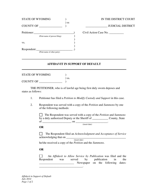 Affidavit in Support of Default - Petition to Modify Custody and Support - Wyoming
