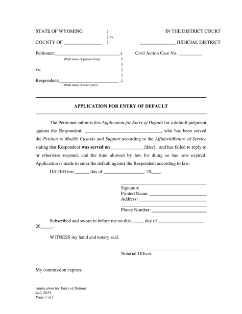 Application for Entry of Default - Custody and Child Support Modification - Wyoming