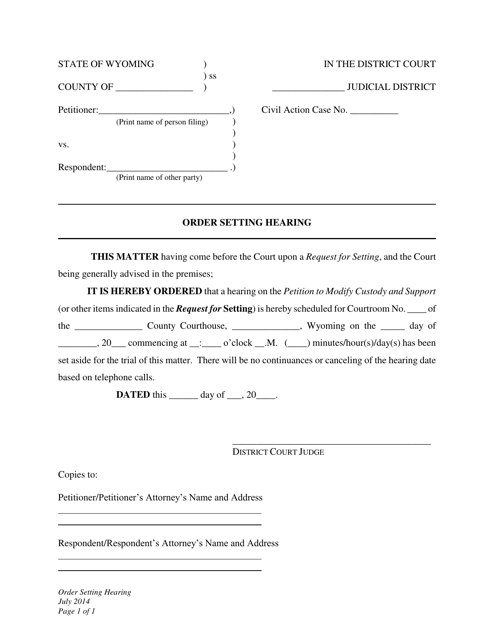 Order Setting Hearing - Custody and Child Support Modification - Wyoming Download Pdf