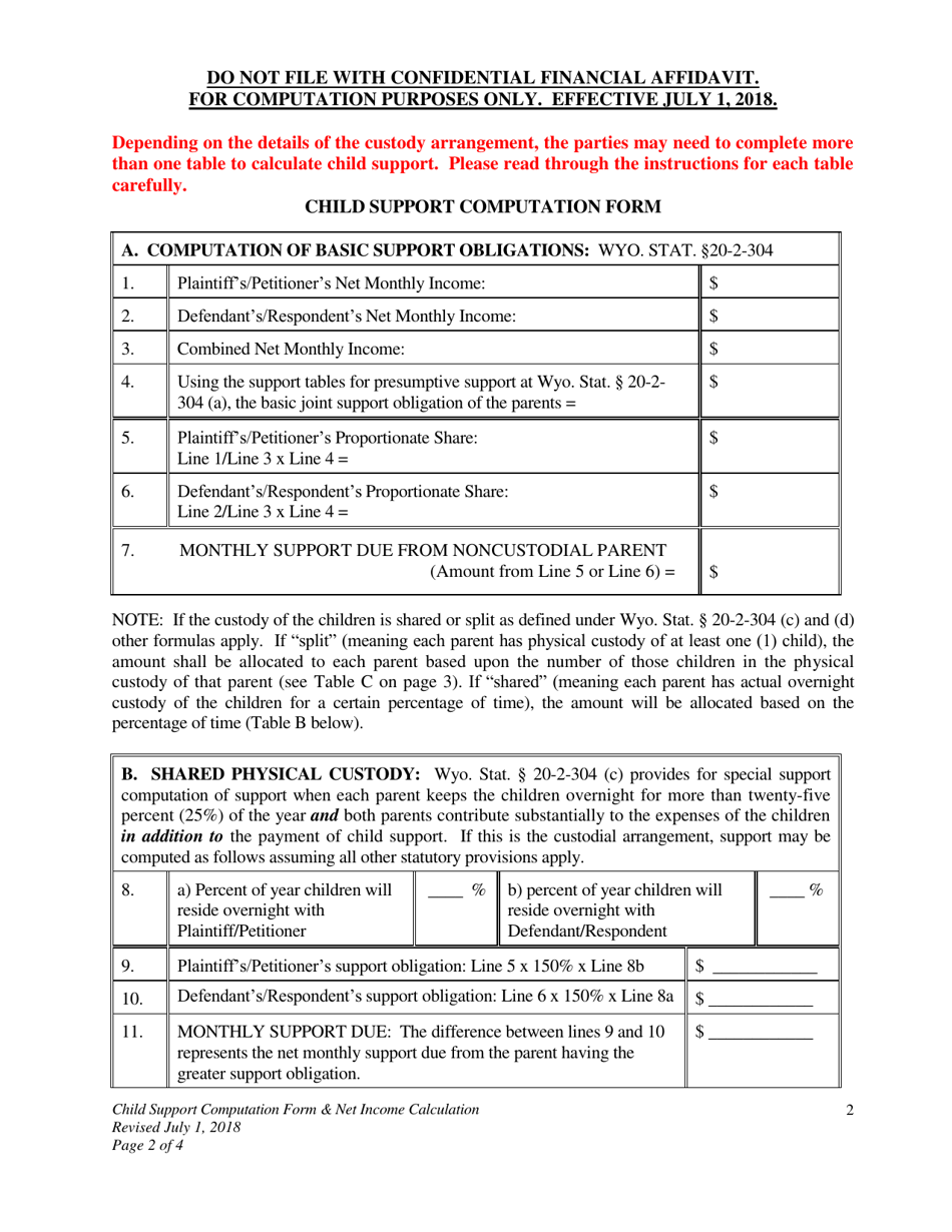 Child Support Computation Form  Net Income Calculation - Wyoming, Page 2