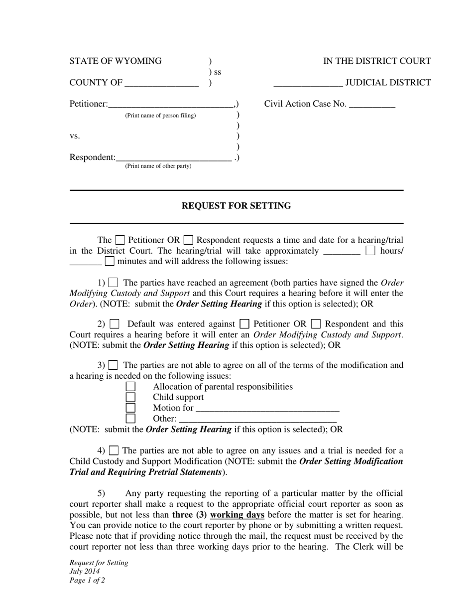 Request for Setting - Custody and Child Support Modification - Wyoming, Page 1