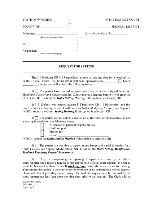 Request for Setting - Custody and Child Support Modification - Wyoming Download Pdf