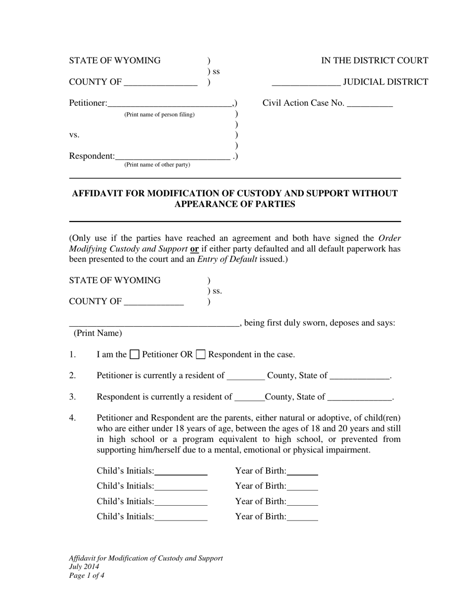 Affidavit for Modification of Custody and Support Without Appearance of Parties - Wyoming, Page 1