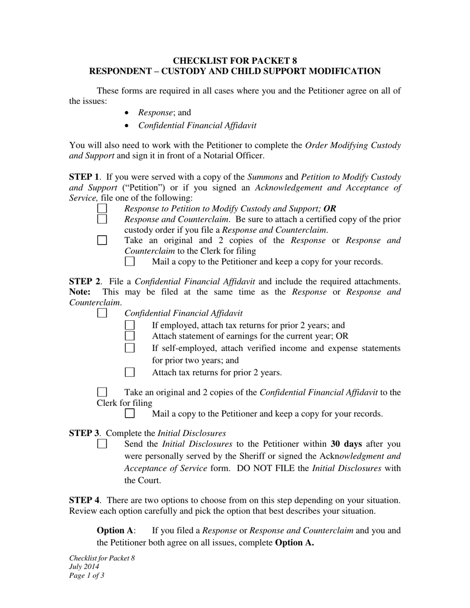 Checklist for Respondent - Custody and Child Support Modification - Wyoming, Page 1