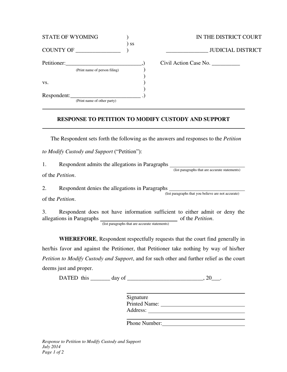 Wyoming Response to Petition to Modify Custody and Support - Fill Out ...