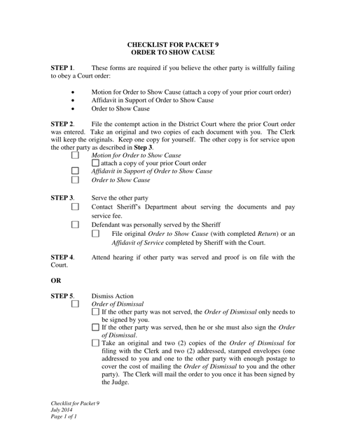 Checklist for Packet 9 - Order to Show Cause - Wyoming Download Pdf