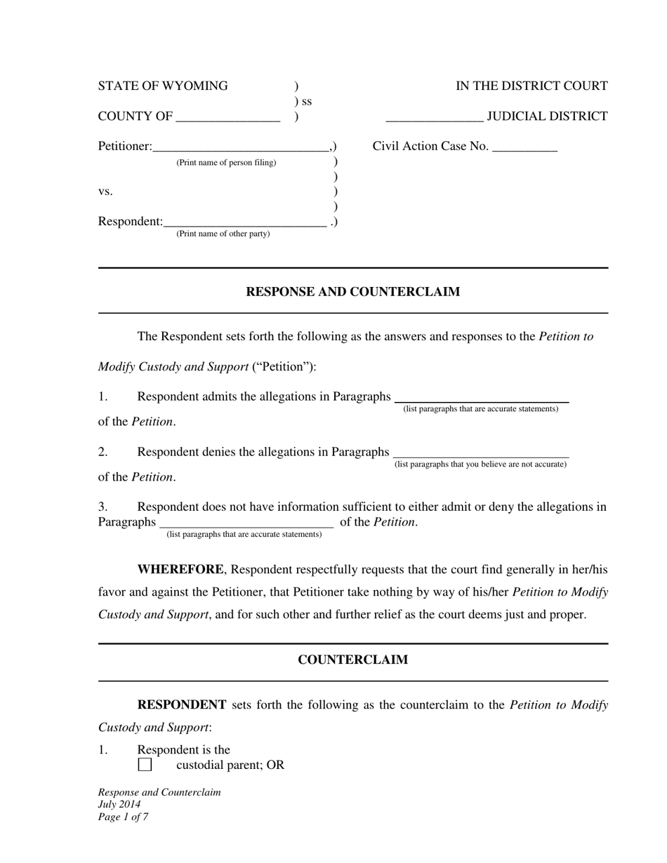 Response and Counterclaim - Custody and Child Support Modification - Wyoming, Page 1