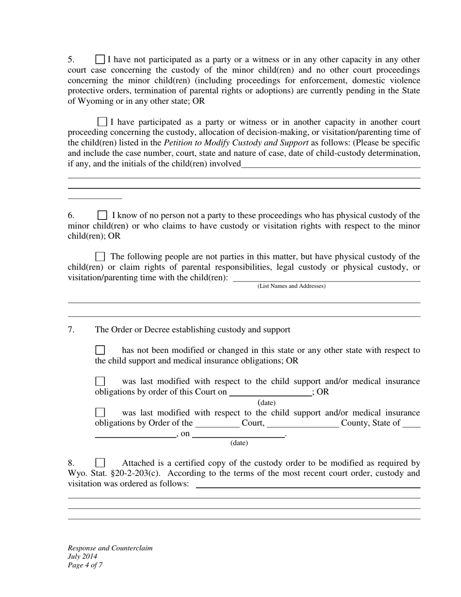 Response and Counterclaim - Custody and Child Support Modification - Wyoming, Page 4