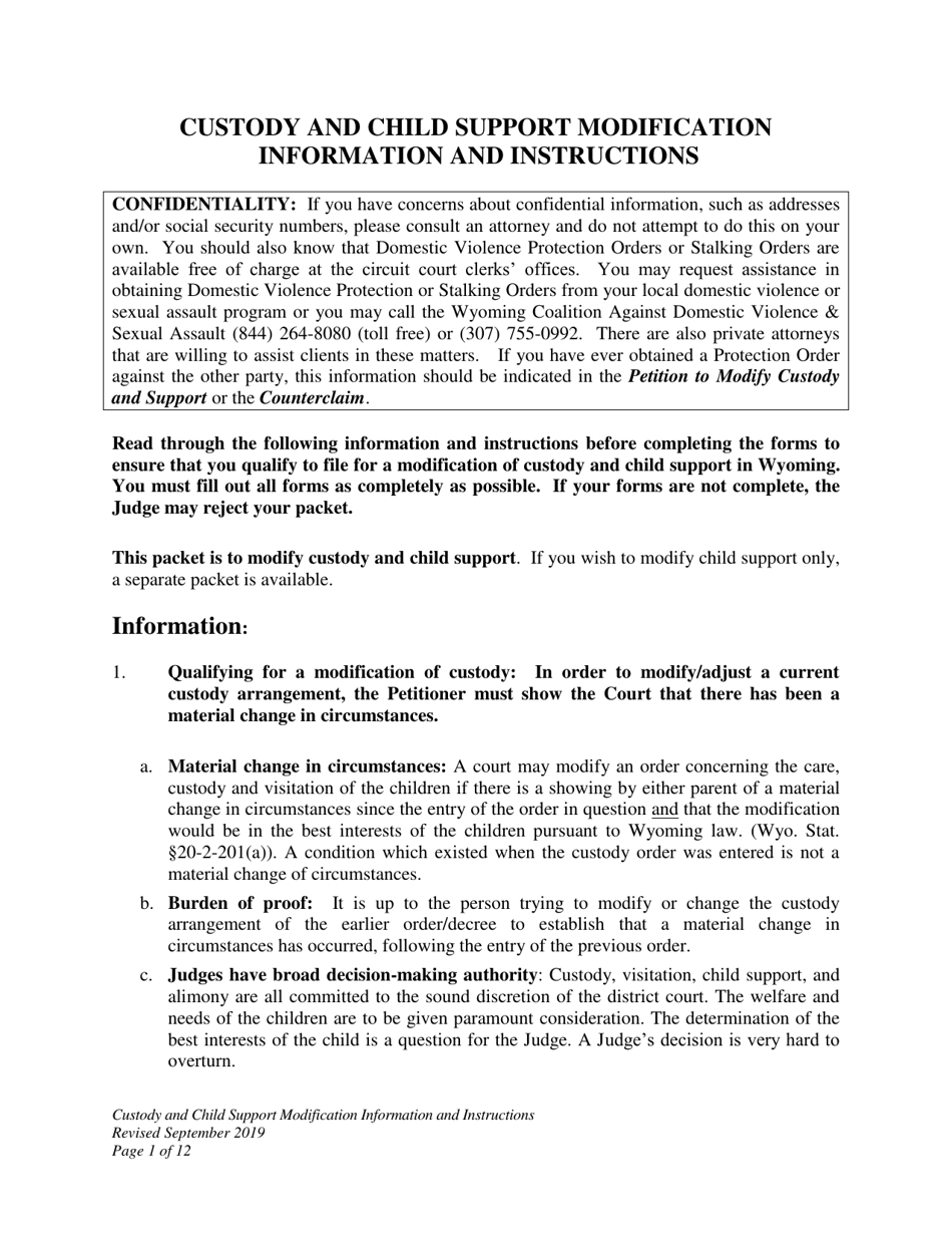 Custody and Child Support Modification Information and Instructions - Wyoming, Page 1
