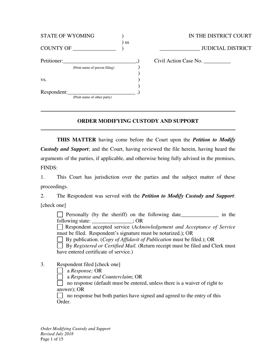 Order Modifying Custody and Support - Wyoming, Page 1
