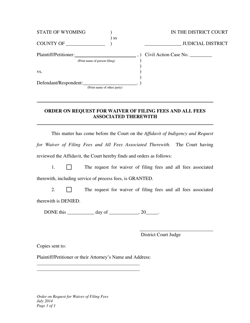 Order on Request for Waiver of Filing Fees - Wyoming, Page 1