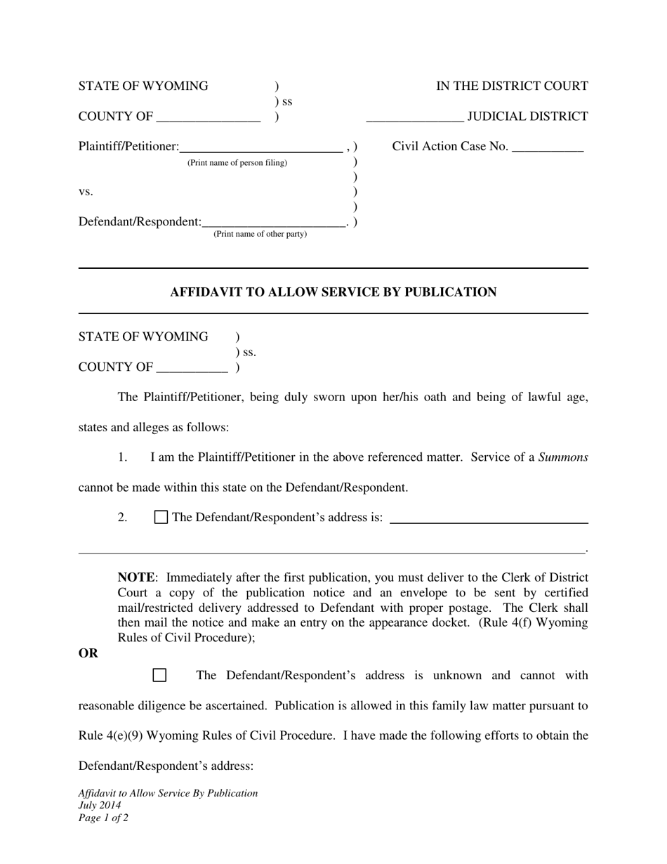 Affidavit to Allow Service by Publication - Wyoming, Page 1