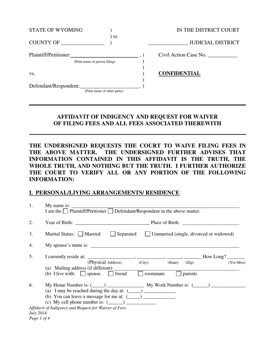 Affidavit of Indigency and Request for Waiver of Filing Fees and All Fees Associated Therewith - Wyoming, Page 1