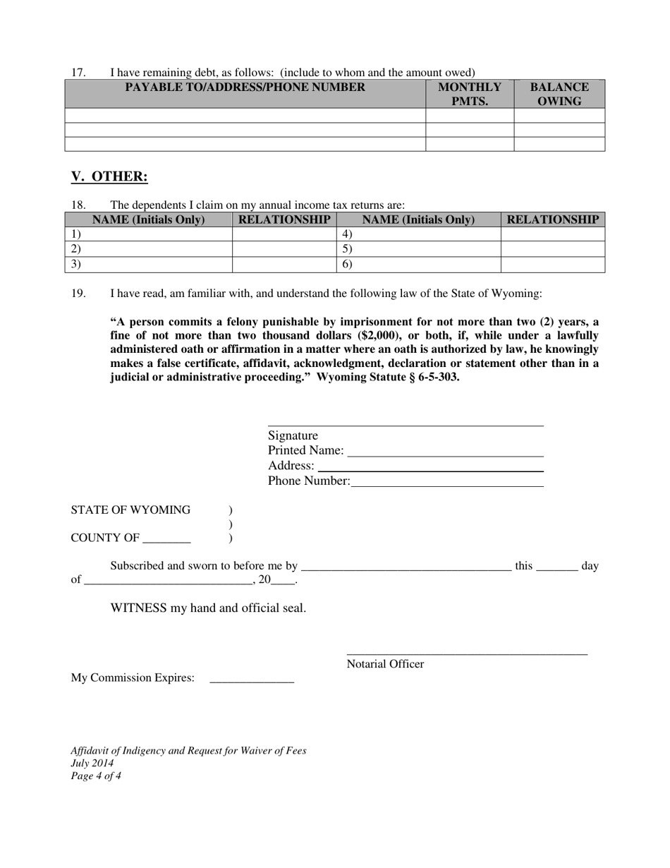 Affidavit of Indigency and Request for Waiver of Filing Fees and All Fees Associated Therewith - Wyoming, Page 4