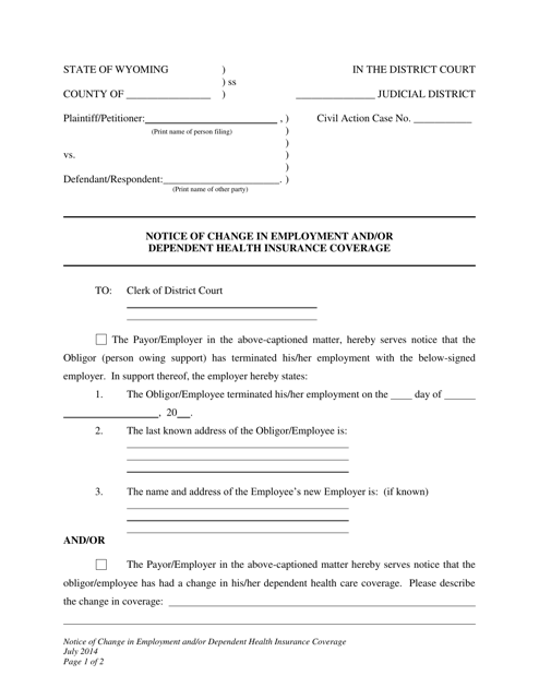 Notice of Change in Employment and / or Dependent Health Insurance Coverage - Wyoming Download Pdf