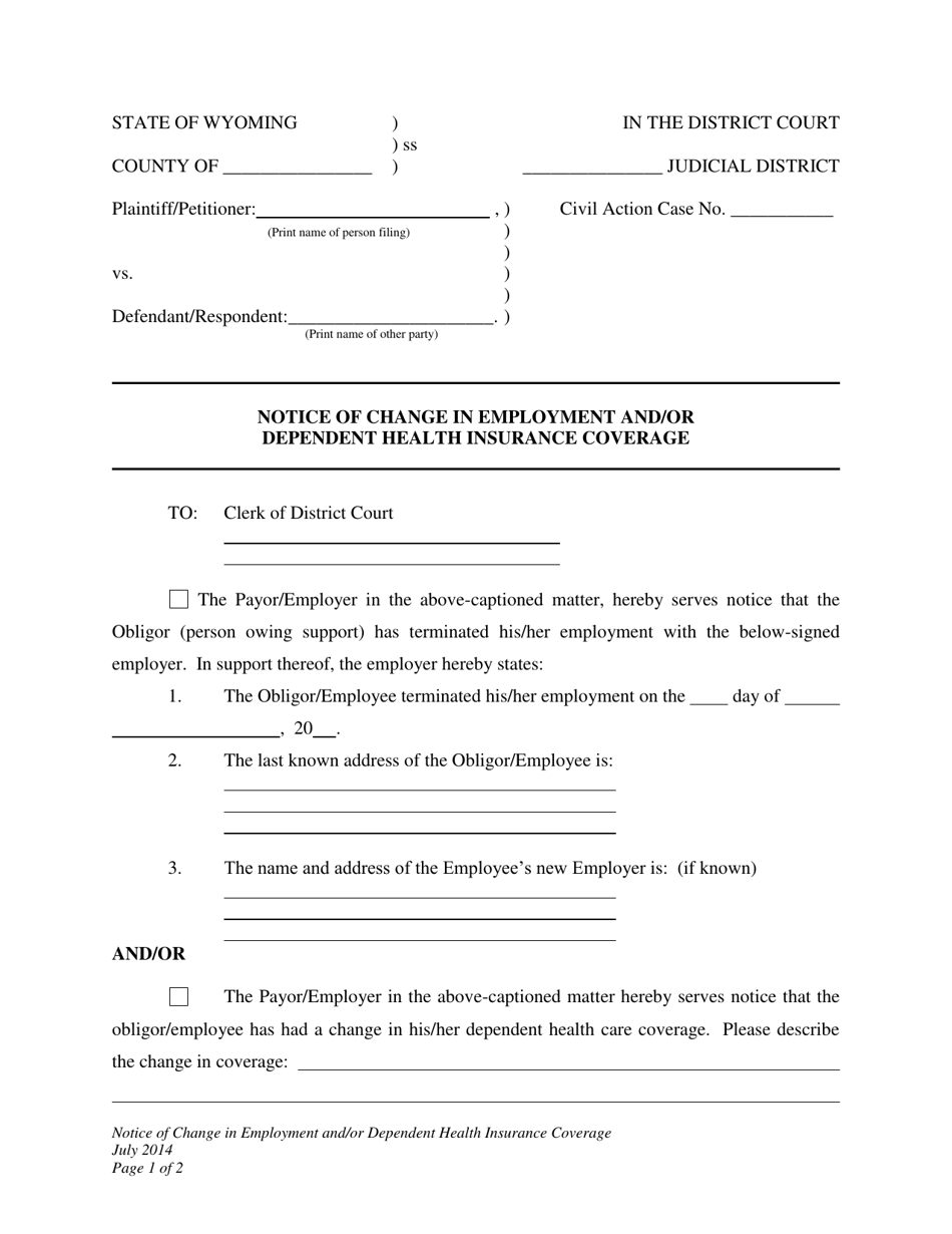 Notice of Change in Employment and / or Dependent Health Insurance Coverage - Wyoming, Page 1