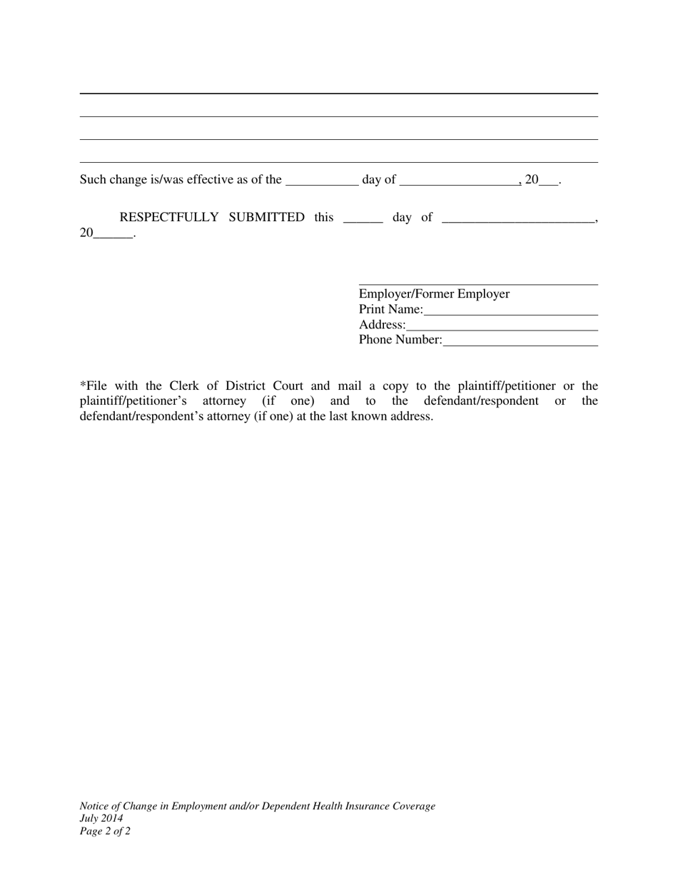 Notice of Change in Employment and / or Dependent Health Insurance Coverage - Wyoming, Page 2