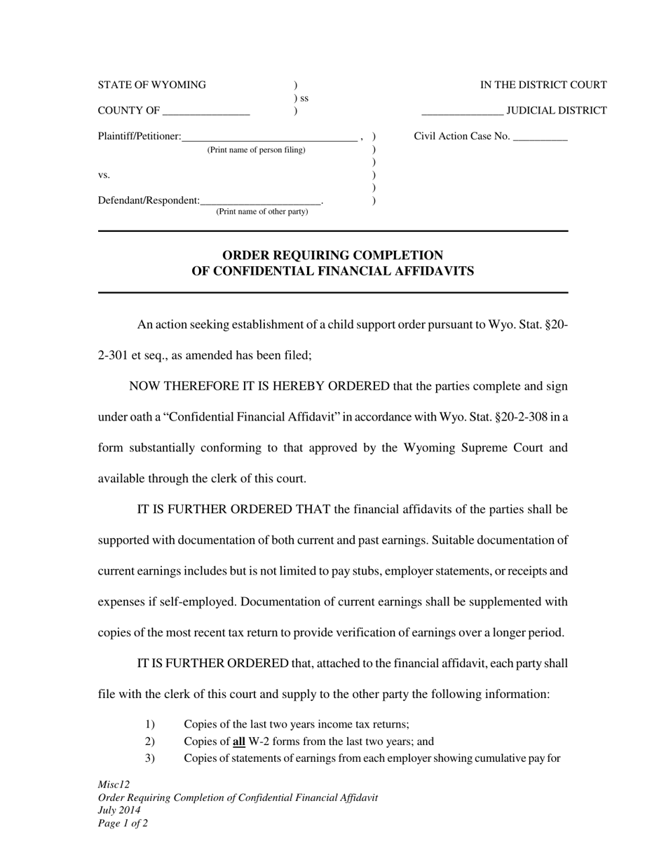 Order Requiring Completion of Confidential Financial Affidavits - Wyoming, Page 1