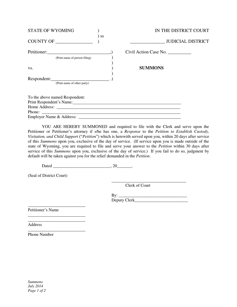 Summons - Establishment of Custody, Visitation and Child Support - Wyoming, Page 1