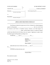 Document preview: Application for Entry of Default - Establishment of Custody, Visitation and Child Support - Wyoming