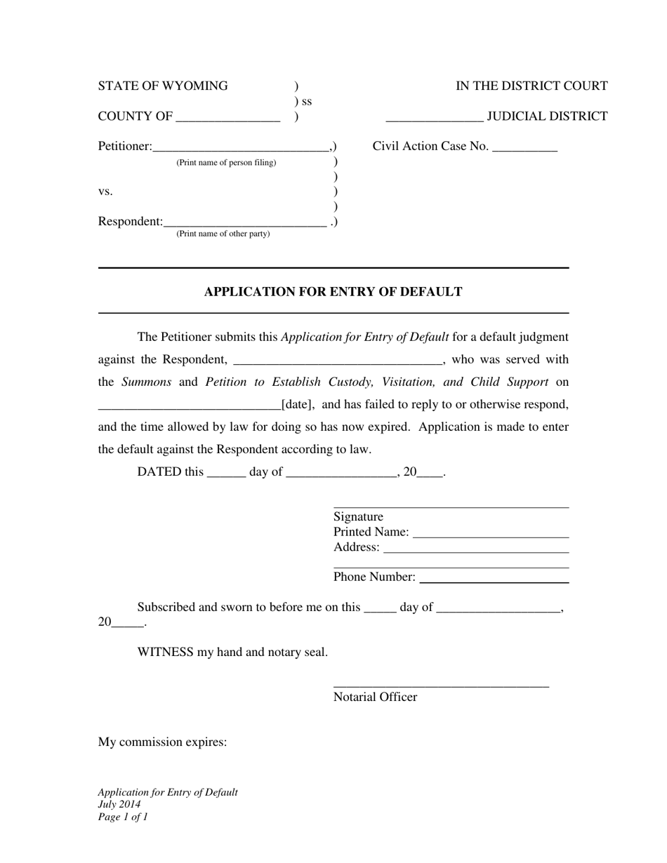 Application for Entry of Default - Establishment of Custody, Visitation and Child Support - Wyoming, Page 1