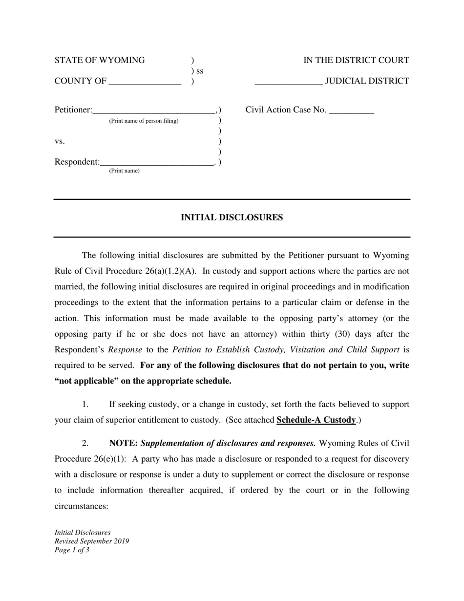 Initial Disclosures - Establishment of Custody, Visitation, and Child Support - Wyoming, Page 1