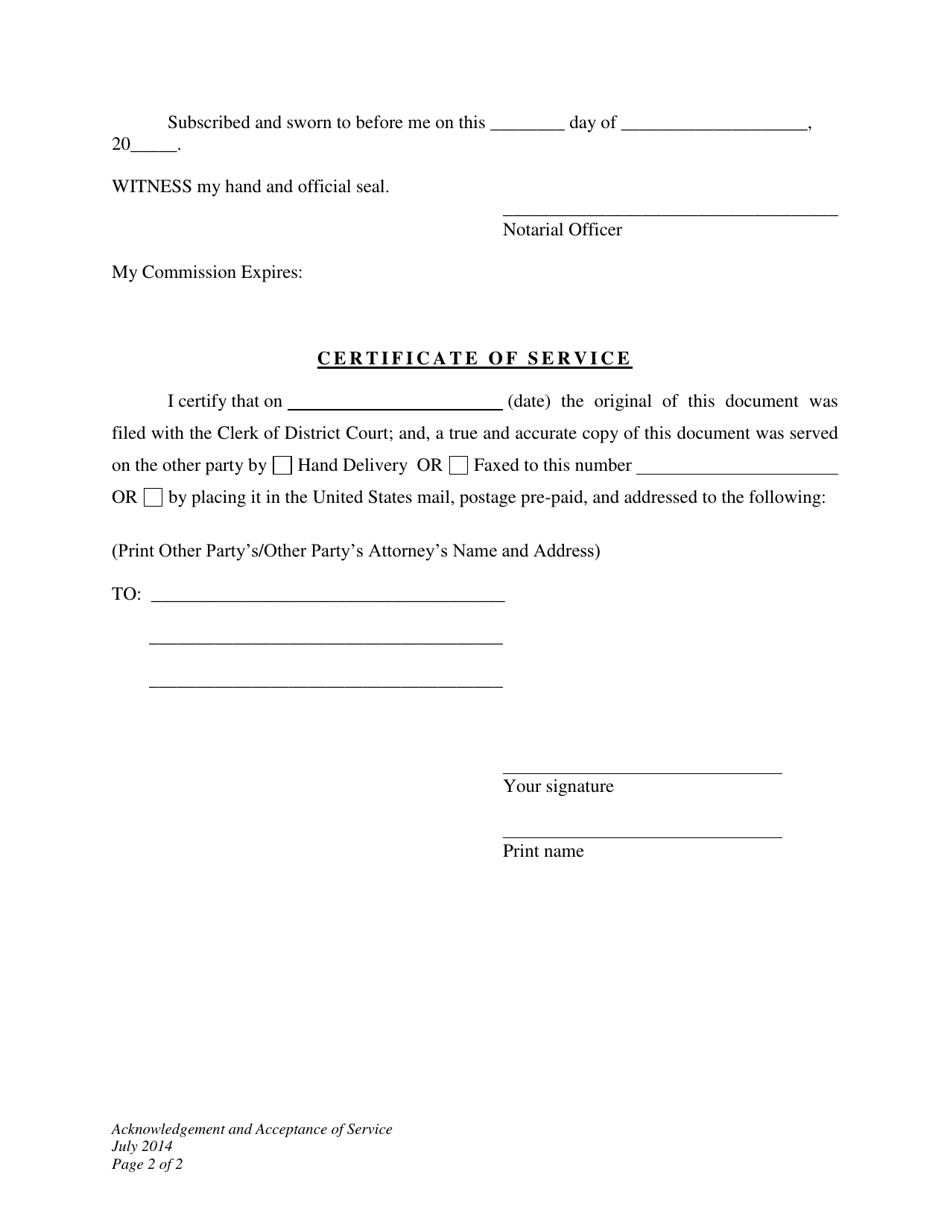 Acknowledgement and Acceptance of Service - Establishment of Custody, Visitation, and Child Support - Wyoming, Page 2