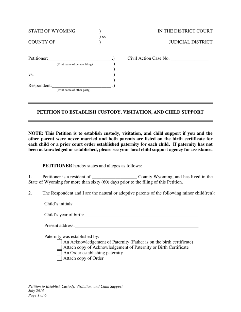 Petition to Establish Custody, Visitation, and Child Support - Wyoming, Page 1