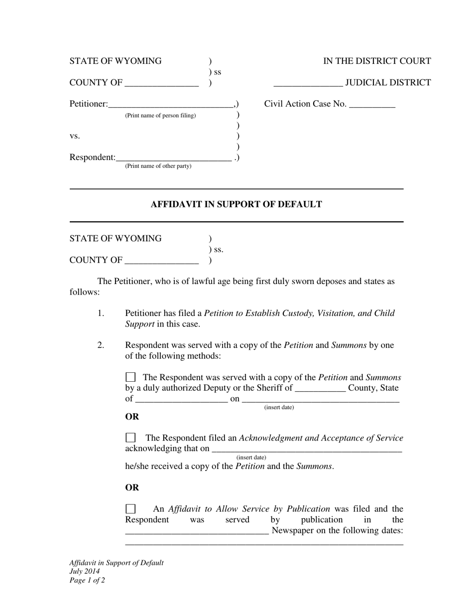 Affidavit in Support of Default - Establishment of Custody, Visitation, and Child Support - Wyoming, Page 1