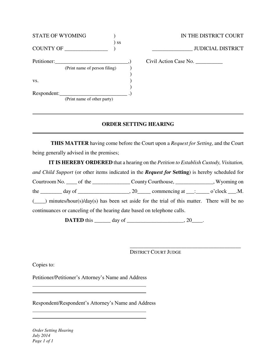Order Setting Hearing - Establishment of Custody, Visitation, and Child Support - Wyoming, Page 1