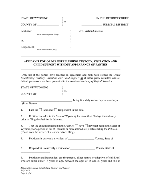 Affidavit for Order Establishing Custody, Visitation and Child Support Without Appearance of Parties - Wyoming