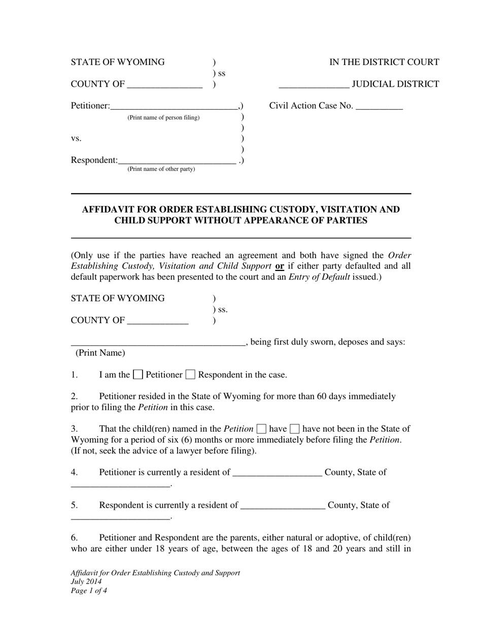 Affidavit for Order Establishing Custody, Visitation and Child Support Without Appearance of Parties - Wyoming, Page 1