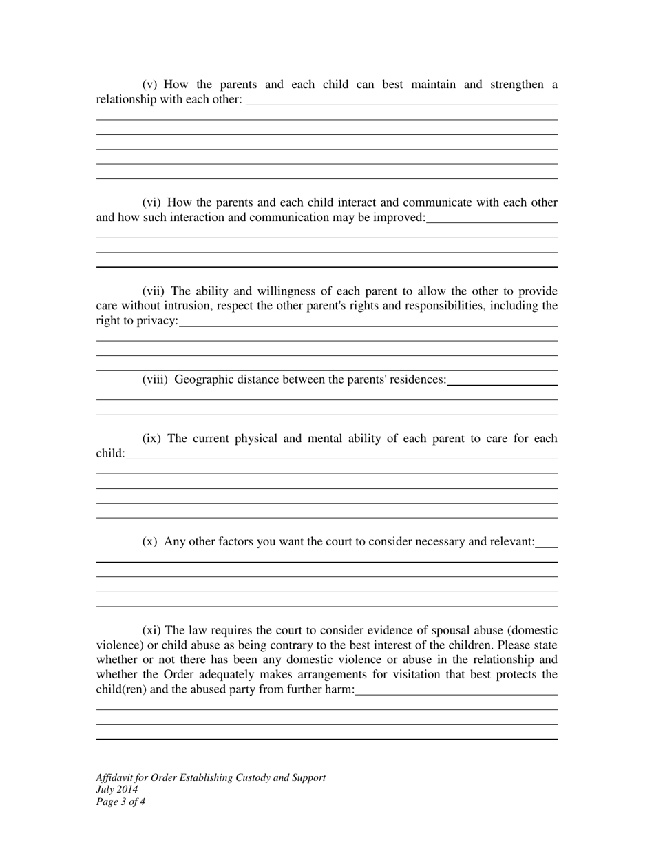 Affidavit for Order Establishing Custody, Visitation and Child Support Without Appearance of Parties - Wyoming, Page 3