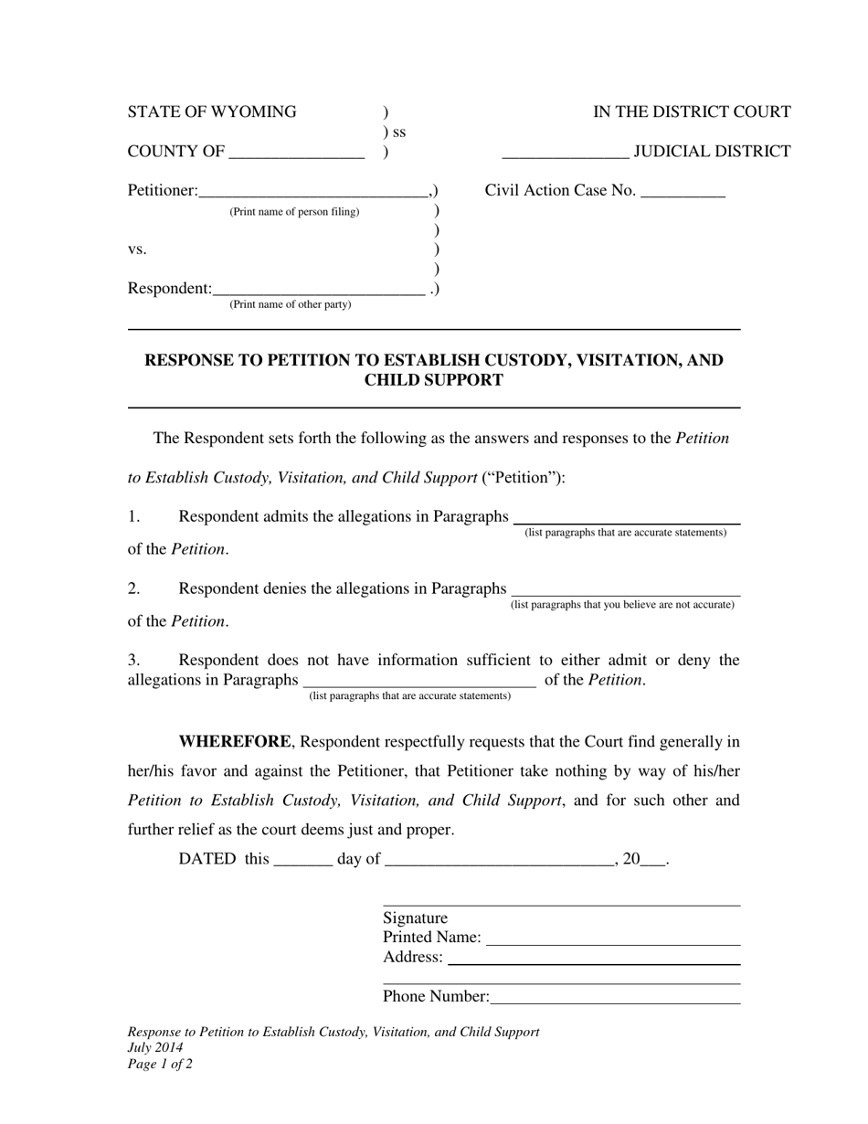 Response to Petition to Establish Custody, Visitation, and Child Support - Wyoming, Page 1
