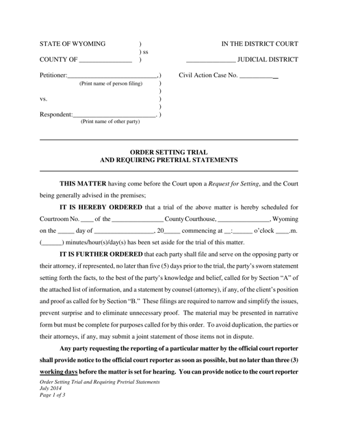 Order Setting Trial and Requiring Pretrial Statements - Wyoming