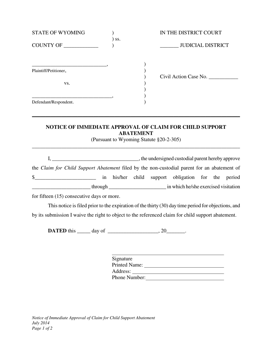Notice of Immediate Approval of Claim for Child Support Abatement - Wyoming, Page 1