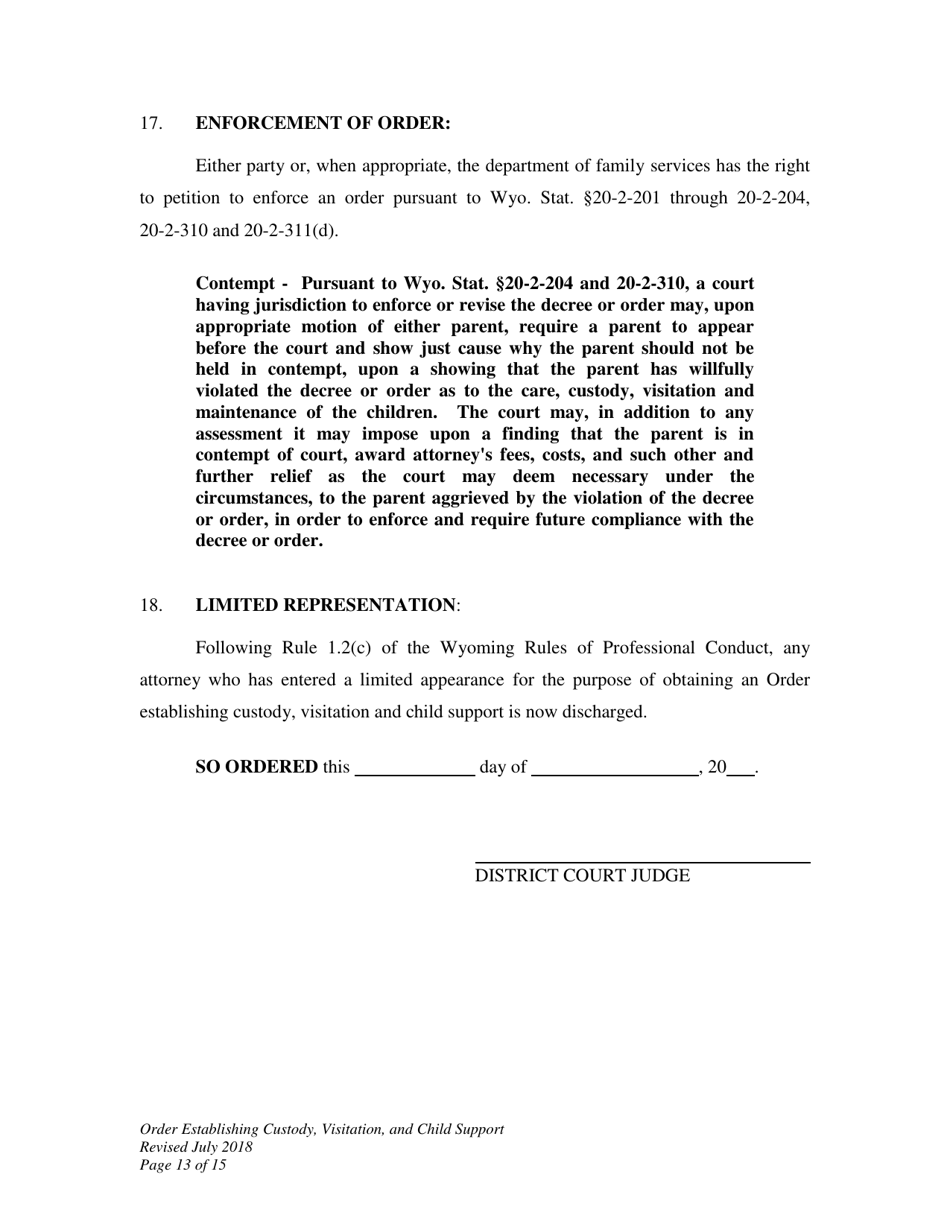 Order Establishing Custody, Visitation, and Child Support - Wyoming, Page 13
