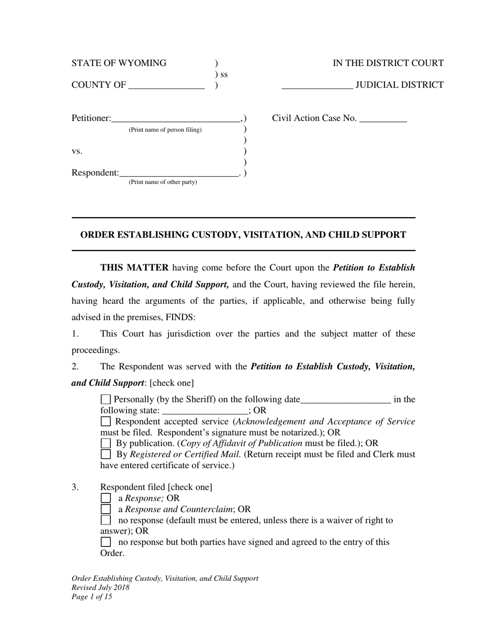 Order Establishing Custody, Visitation, and Child Support - Wyoming, Page 1