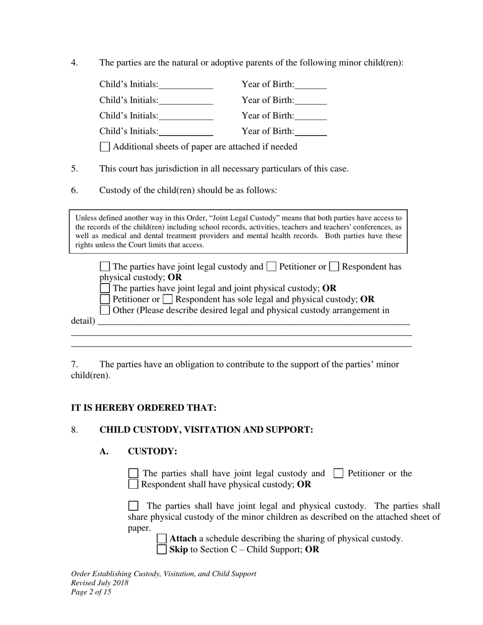 Order Establishing Custody, Visitation, and Child Support - Wyoming, Page 2