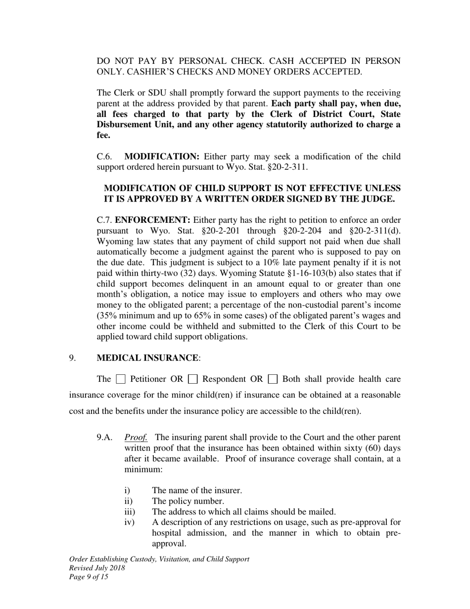 Order Establishing Custody, Visitation, and Child Support - Wyoming, Page 9