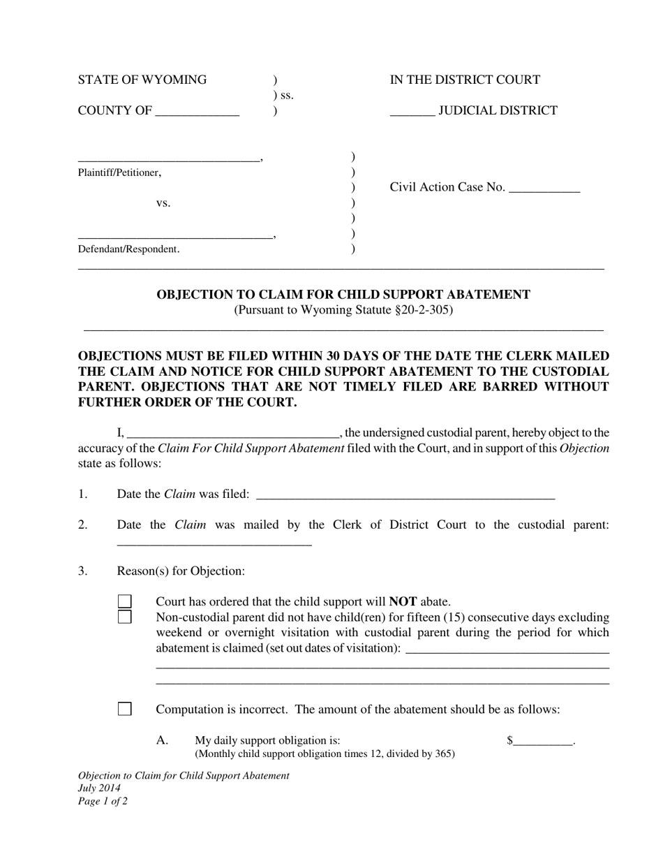 Objection to Claim for Child Support Abatement - Wyoming, Page 1
