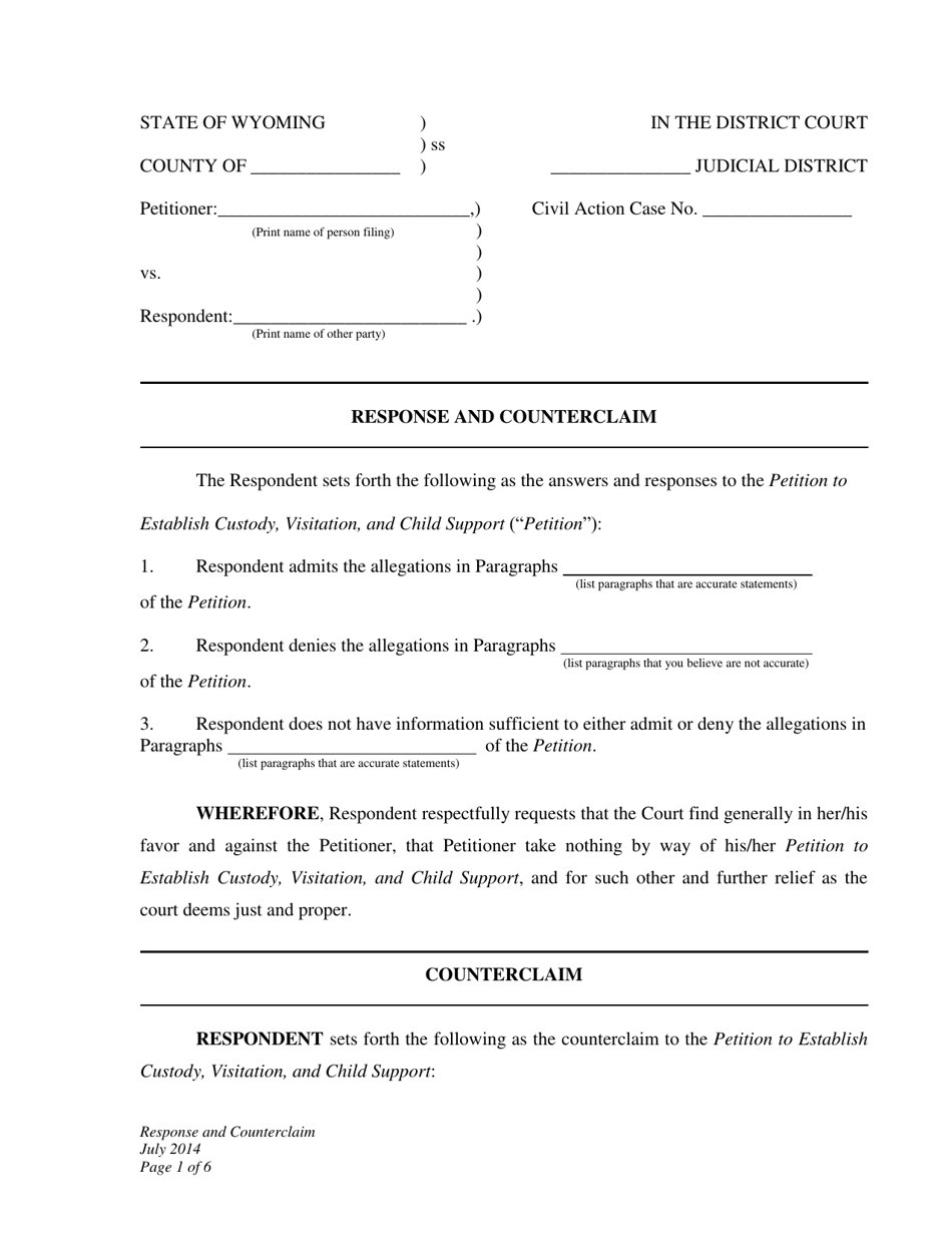 Response and Counterclaim to Petition to Establish Custody, Visitation, and Child Support - Wyoming, Page 1