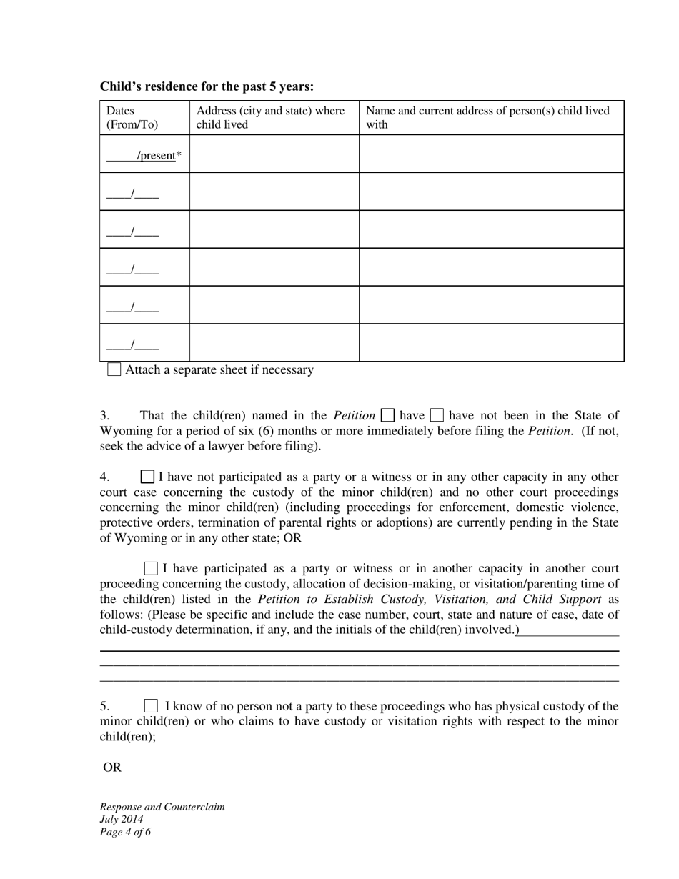 Wyoming Response And Counterclaim To Petition To Establish Custody ...