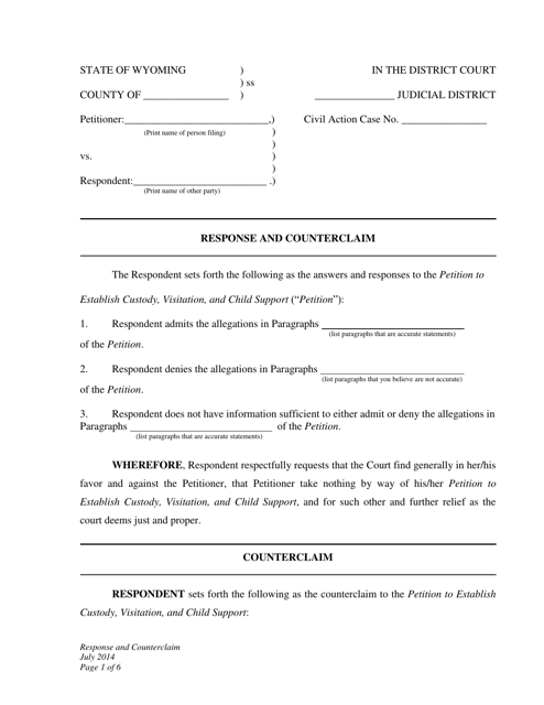 Response and Counterclaim to Petition to Establish Custody, Visitation, and Child Support - Wyoming Download Pdf