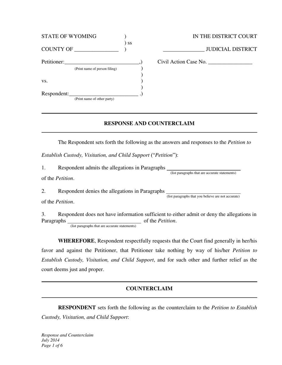 Wyoming Response and Counterclaim to Petition to Establish Custody ...