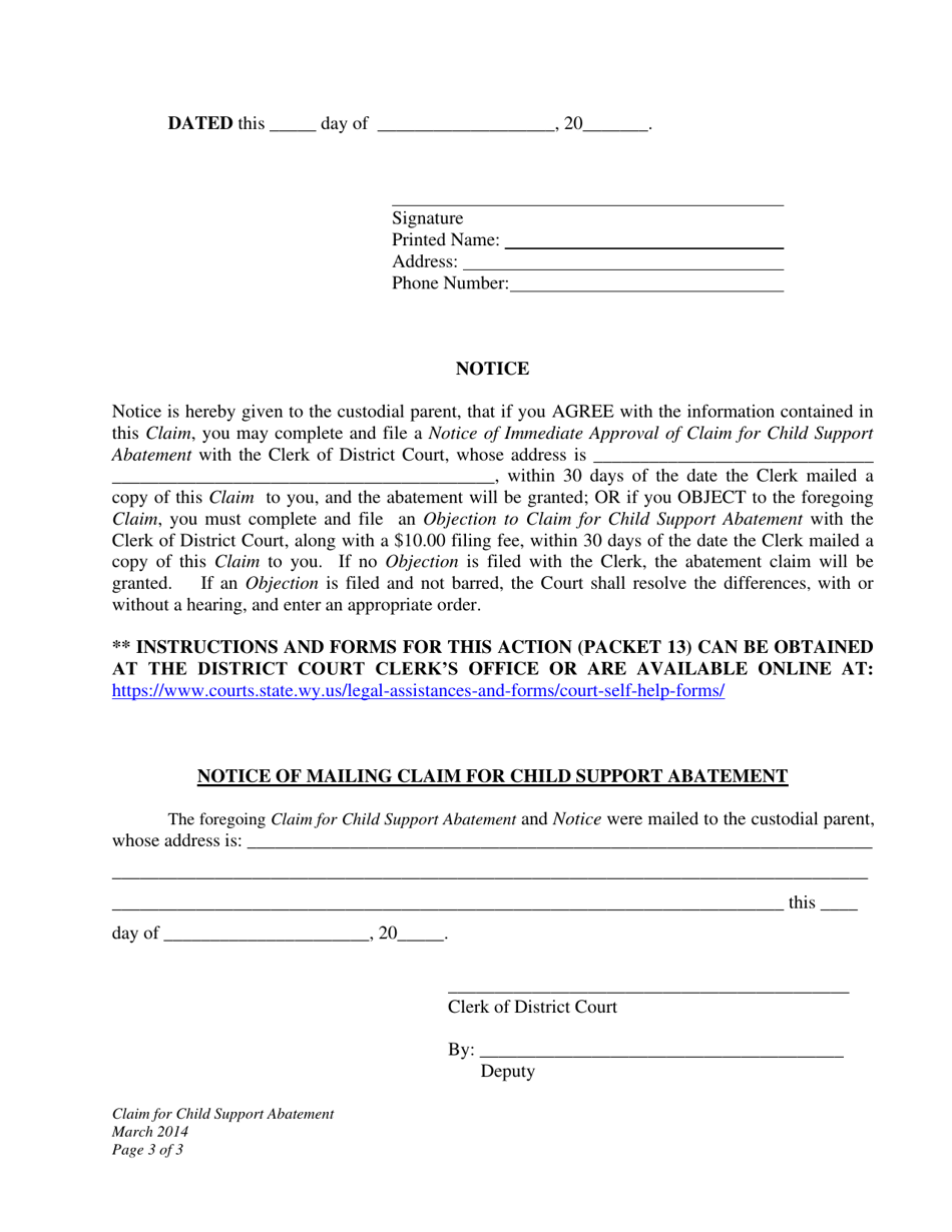 Claim for Child Support Abatement - Wyoming, Page 3