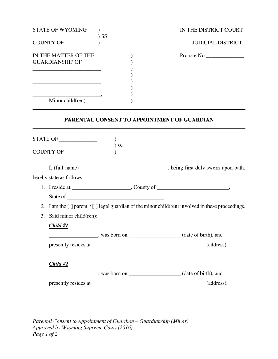 Parental Consent to Appointment of Guardian - Guardianship (Minor) - Wyoming, Page 1