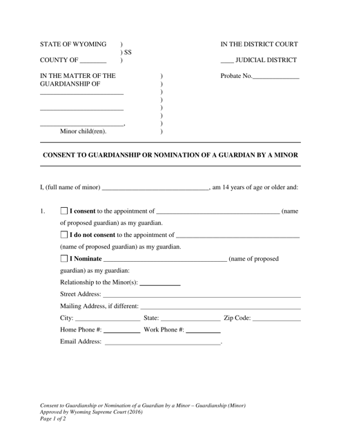 Consent to Guardianship or Nomination of a Guardian by a Minor - Wyoming Download Pdf