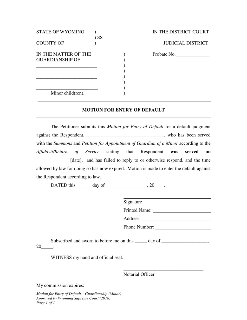 Motion for Entry of Default - Guardianship (Minor) - Wyoming, Page 1