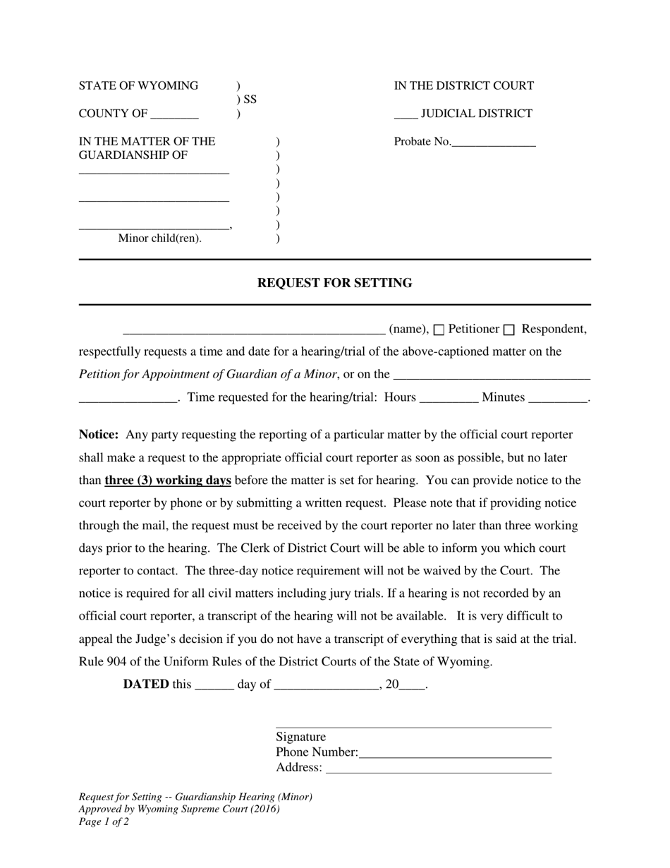 Request for Setting - Guardianship Hearing (Minor) - Wyoming, Page 1